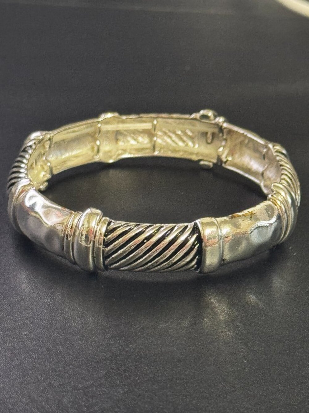 Silver Tone Cable Twist and Polished Hammered Link Stretch Bracelet